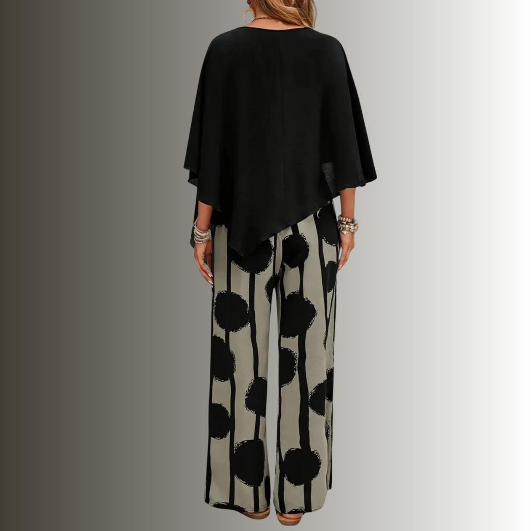 Mila | Trendig asymmetrisk damtopp med stilfullt mönstrat byxset