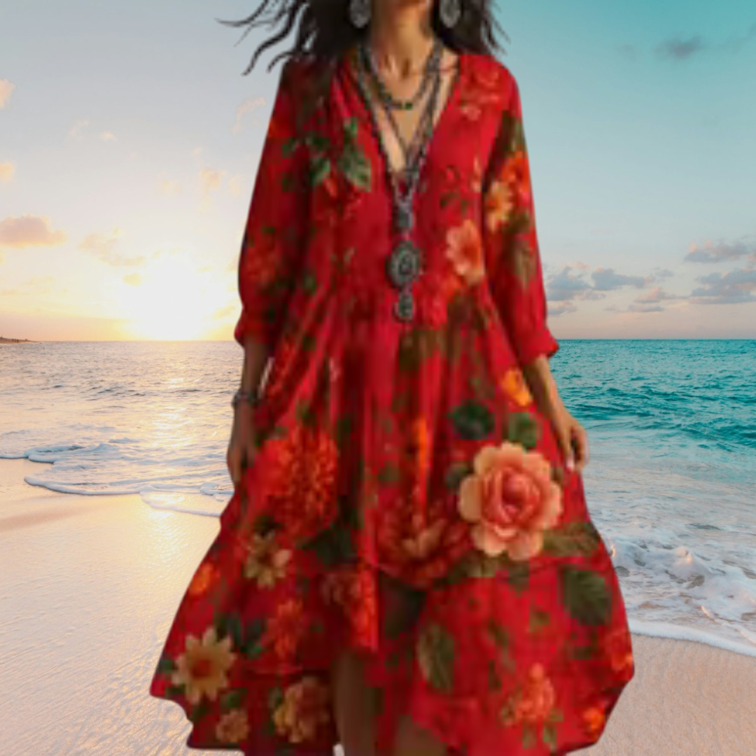 milena – Vintage boho-klänning med blommönster och V-ringning