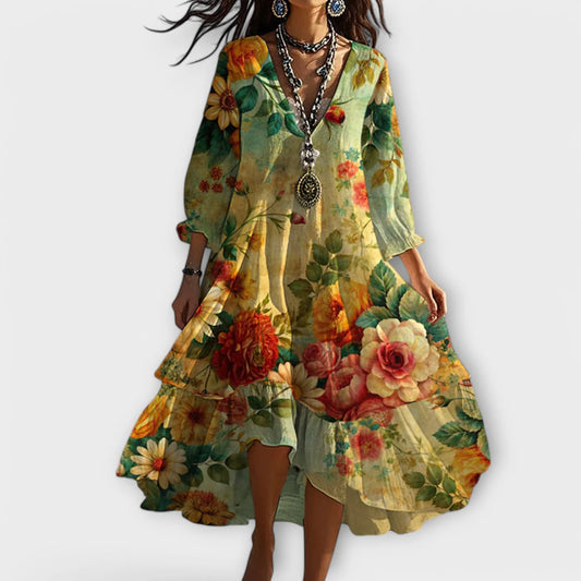 Marina – Vintage boho-klänning med blommönster och V-ringning